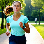 A focused female runner in modest, professional athletic wear, actively running on a paved park path. She is looking at her smartwatch, which displays running data and a progress graph. The background features a lush green park with trees under a clear sky, illuminated by soft morning light. The image captures a sense of personal achievement and technological integration. high quality, ultra detailed, sharp focus, natural colors, perfect anatomy, correct proportions, well-formed hands, proper finger count, natural body proportions, natural pose, fully clothed, modest clothing, appropriate attire, professional dress, safe for work, appropriate content, family-friendly.