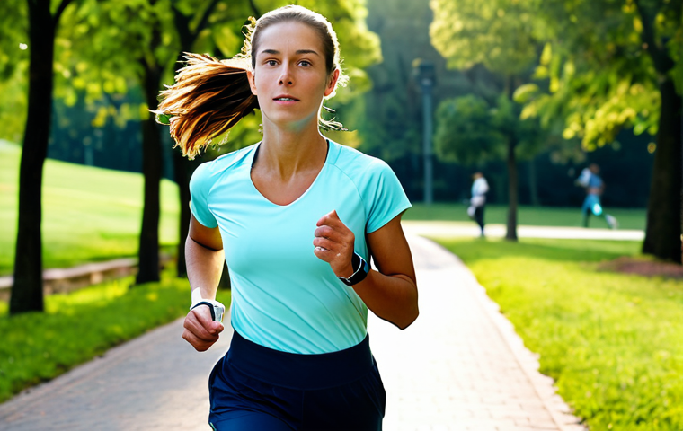 A focused female runner in modest, professional athletic wear, actively running on a paved park path. She is looking at her smartwatch, which displays running data and a progress graph. The background features a lush green park with trees under a clear sky, illuminated by soft morning light. The image captures a sense of personal achievement and technological integration. high quality, ultra detailed, sharp focus, natural colors, perfect anatomy, correct proportions, well-formed hands, proper finger count, natural body proportions, natural pose, fully clothed, modest clothing, appropriate attire, professional dress, safe for work, appropriate content, family-friendly.