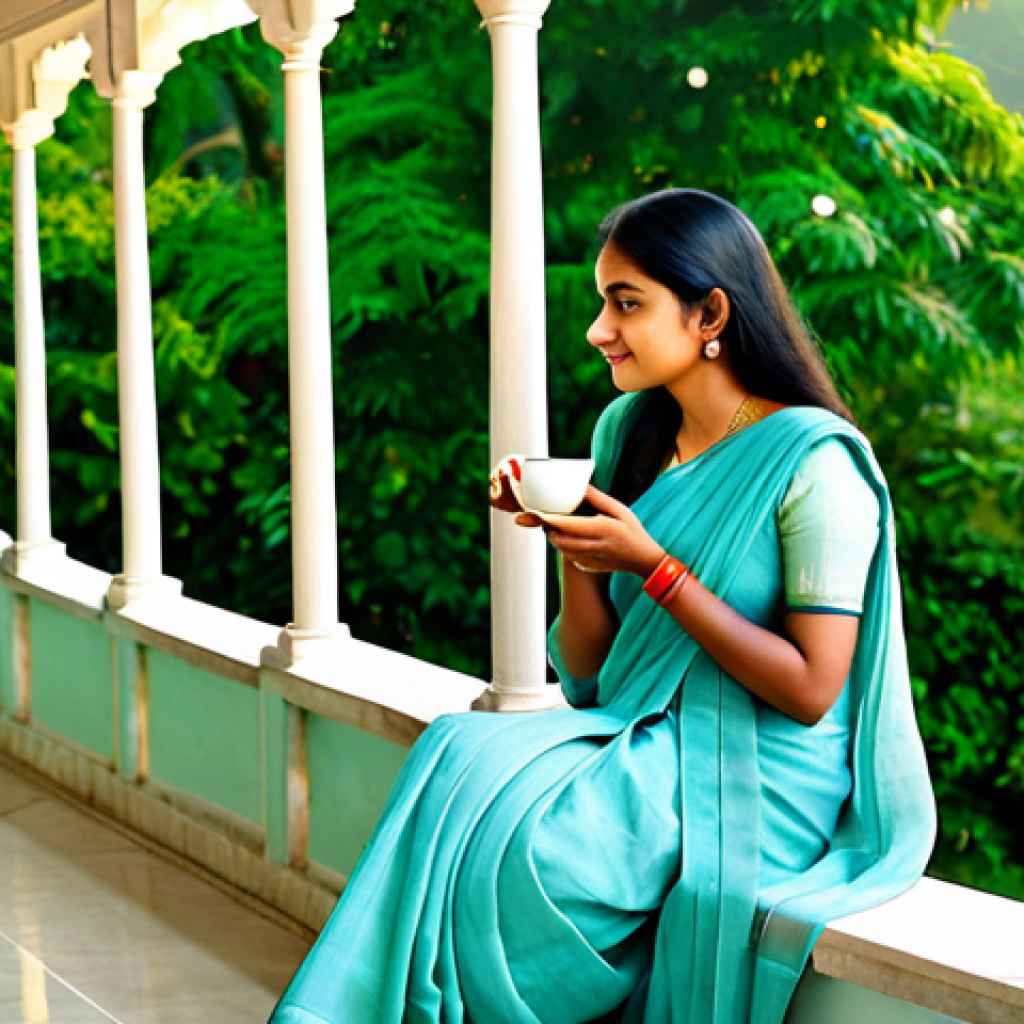 **
A serene woman sitting on a veranda, sipping tea from a delicate cup. She is fully clothed in a modest, traditional Bengali sari. Birds are flying in the soft morning light. The background features a lush, green garden with blooming flowers. Perfect anatomy, correct proportions, natural pose, well-formed hands, proper finger count, natural body proportions, safe for work, appropriate content, fully clothed, family-friendly, high quality, professional photography.
**