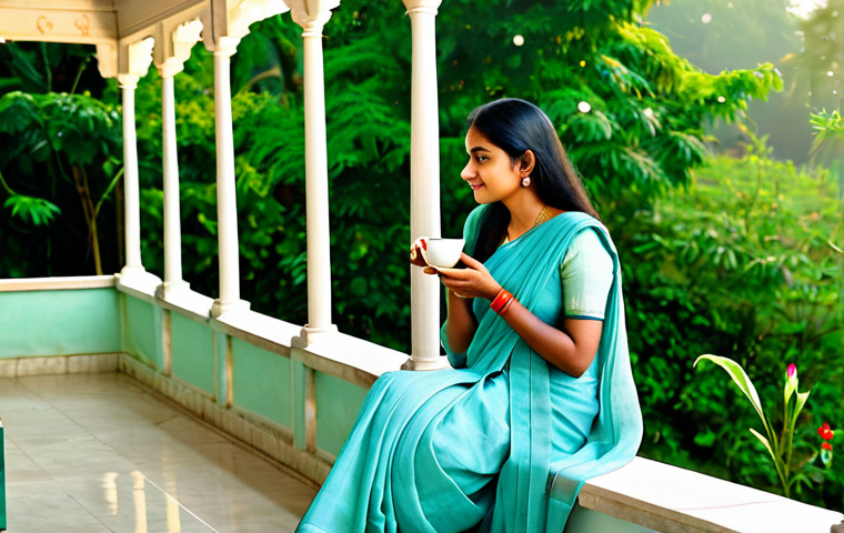 **
A serene woman sitting on a veranda, sipping tea from a delicate cup. She is fully clothed in a modest, traditional Bengali sari. Birds are flying in the soft morning light. The background features a lush, green garden with blooming flowers. Perfect anatomy, correct proportions, natural pose, well-formed hands, proper finger count, natural body proportions, safe for work, appropriate content, fully clothed, family-friendly, high quality, professional photography.
**