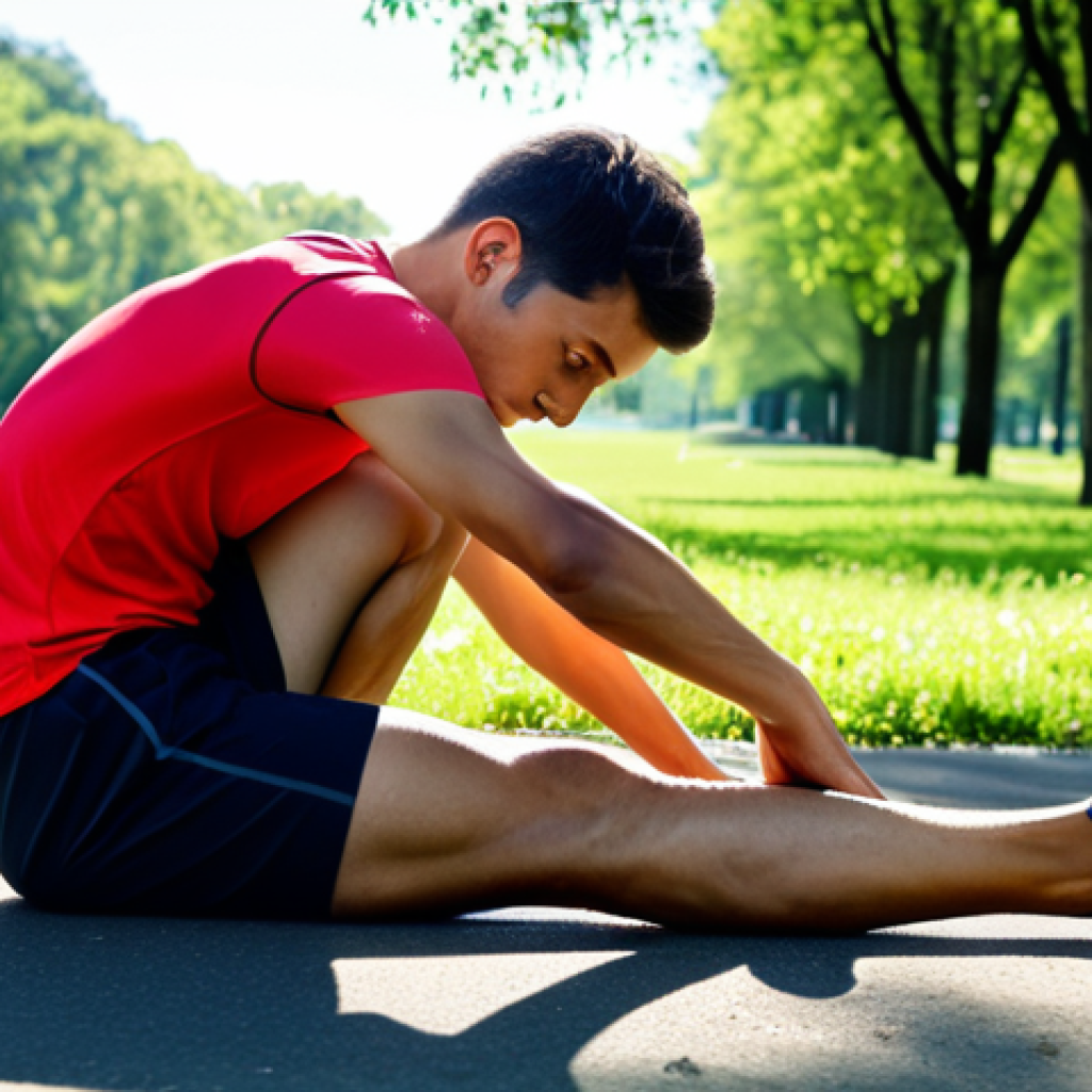 ** A runner, fully clothed in athletic wear, stretching their calf muscle before a run in a park. Sunny day, green trees in the background. Safe for work, appropriate content, professional, modest, family-friendly, perfect anatomy, natural proportions, well-formed hands.
**