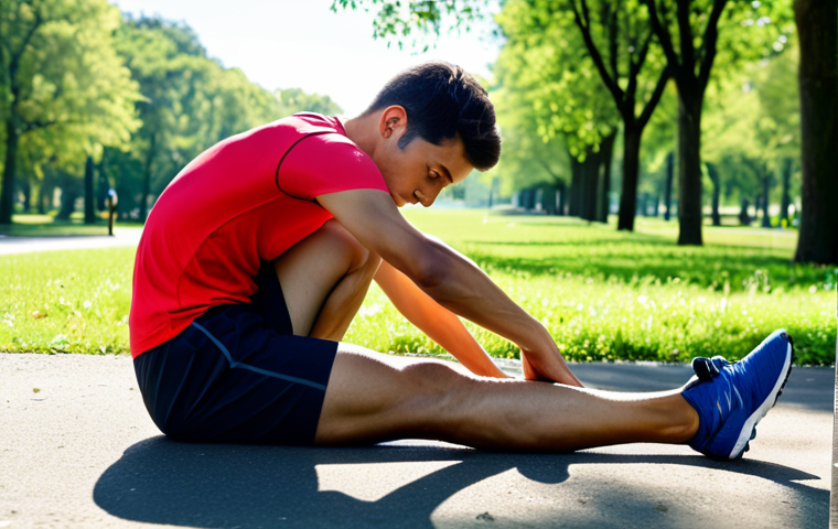 ** A runner, fully clothed in athletic wear, stretching their calf muscle before a run in a park. Sunny day, green trees in the background. Safe for work, appropriate content, professional, modest, family-friendly, perfect anatomy, natural proportions, well-formed hands.
**