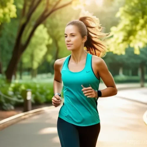 Home 21 러닝 트래커 어플 분석 - **Prompt 1: "Morning Run with Tech Integration"**
A fit female runner, in her late 20s, with a d...