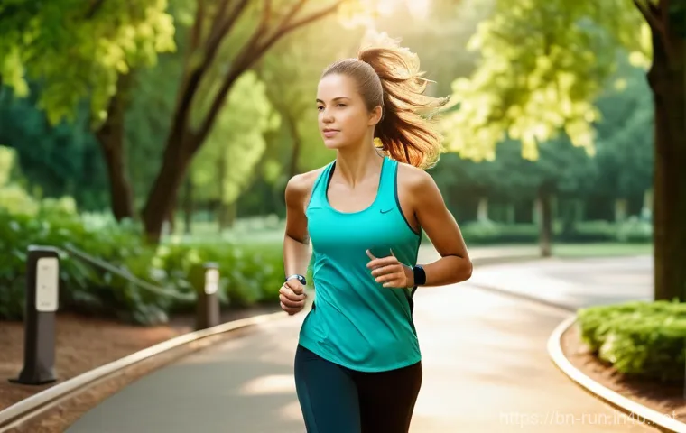 러닝 트래커 어플 분석 - **Prompt 1: "Morning Run with Tech Integration"**
A fit female runner, in her late 20s, with a d...