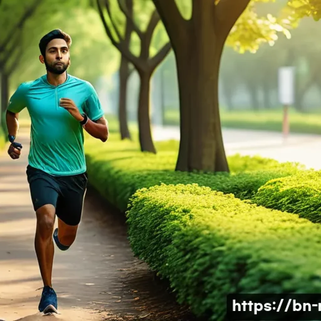 러닝 트래커 소프트웨어 옵션 - A detailed scene of a Bengali runner wearing modern sportswear and a fitness tracker wristband, jogg...