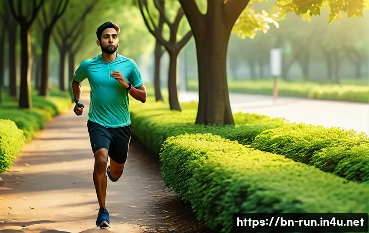 러닝 트래커 소프트웨어 옵션 - A detailed scene of a Bengali runner wearing modern sportswear and a fitness tracker wristband, jogg...