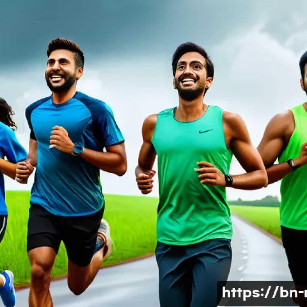러닝 대회 시뮬레이션 앱 - A vibrant scene of a group of Bengali runners participating in a virtual race using a simulation app...