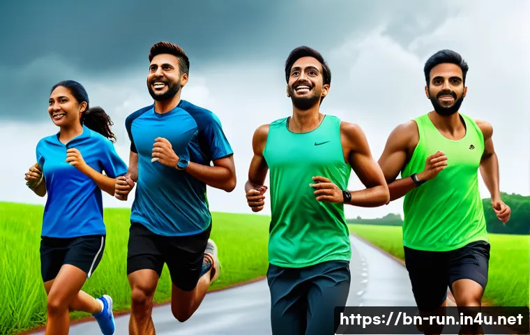 러닝 대회 시뮬레이션 앱 - A vibrant scene of a group of Bengali runners participating in a virtual race using a simulation app...
