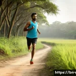 러닝 시 걸음수 분석법 - A detailed scene of a Bengali male runner in his mid-30s wearing colorful athletic gear and running ...