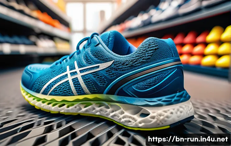 러닝화 추천 비교 - A detailed close-up image of a pair of breathable running shoes made with mesh material, placed on a...