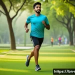 러닝화 초경량 모델 리뷰 - A dynamic scene of a Bengali male runner wearing lightweight, breathable running shoes with carbon f...