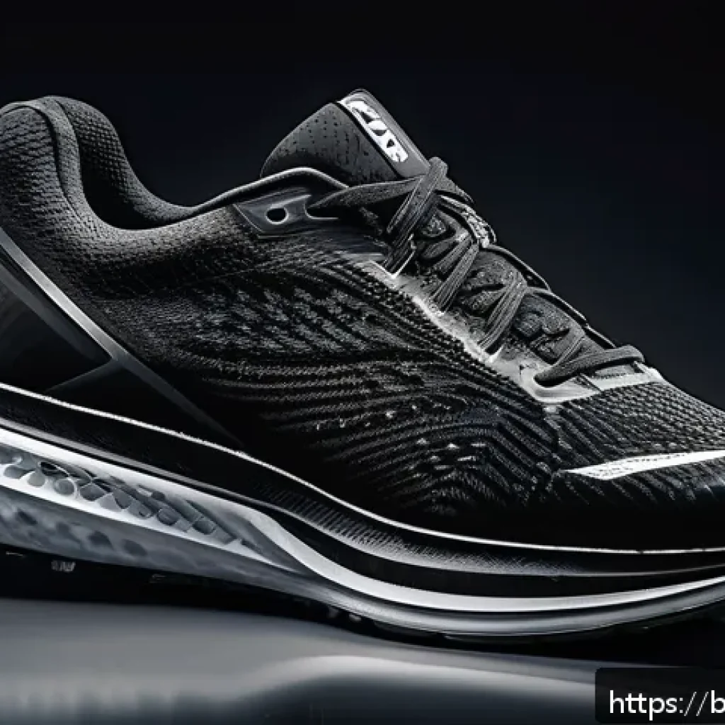 러닝화 탄소 플레이트 유무 차이 - A detailed close-up of a modern running shoe featuring a visible thin carbon plate embedded in the m...