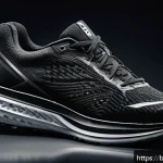 러닝화 탄소 플레이트 유무 차이 - A detailed close-up of a modern running shoe featuring a visible thin carbon plate embedded in the m...