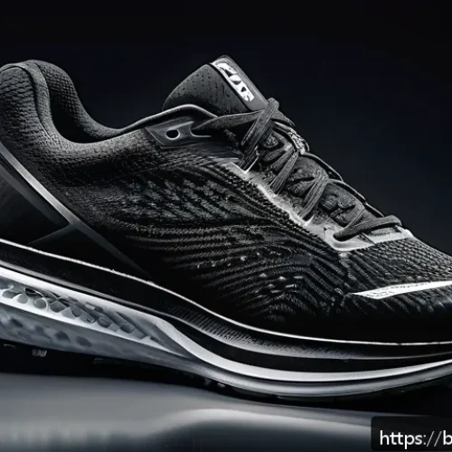 러닝화 탄소 플레이트 유무 차이 - A detailed close-up of a modern running shoe featuring a visible thin carbon plate embedded in the m...