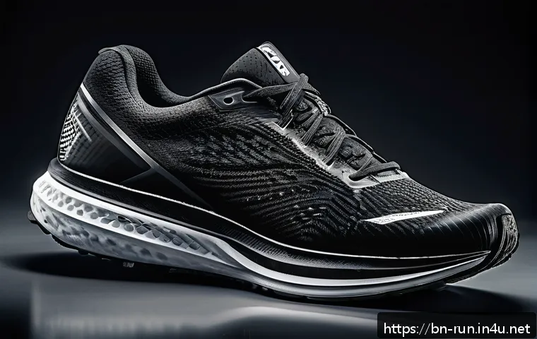 러닝화 탄소 플레이트 유무 차이 - A detailed close-up of a modern running shoe featuring a visible thin carbon plate embedded in the m...