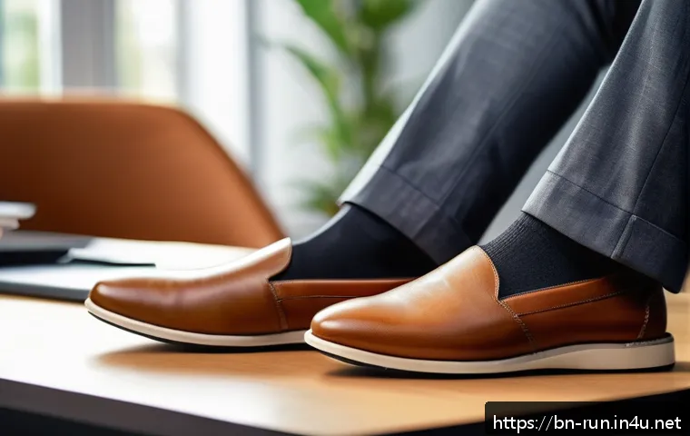 러닝화 인솔 교체 가이드 - A close-up, highly detailed image of a pair of feet wearing comfortable shoes with visible memory fo...