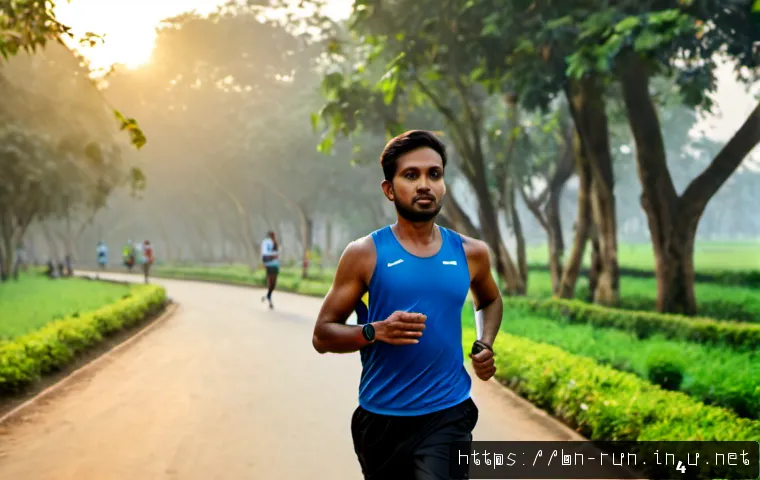 Home 17 러닝 기록 어플 비교 - Photorealistic morning running comparison scene in a leafy urban park in Bangladesh, athletic adult ...